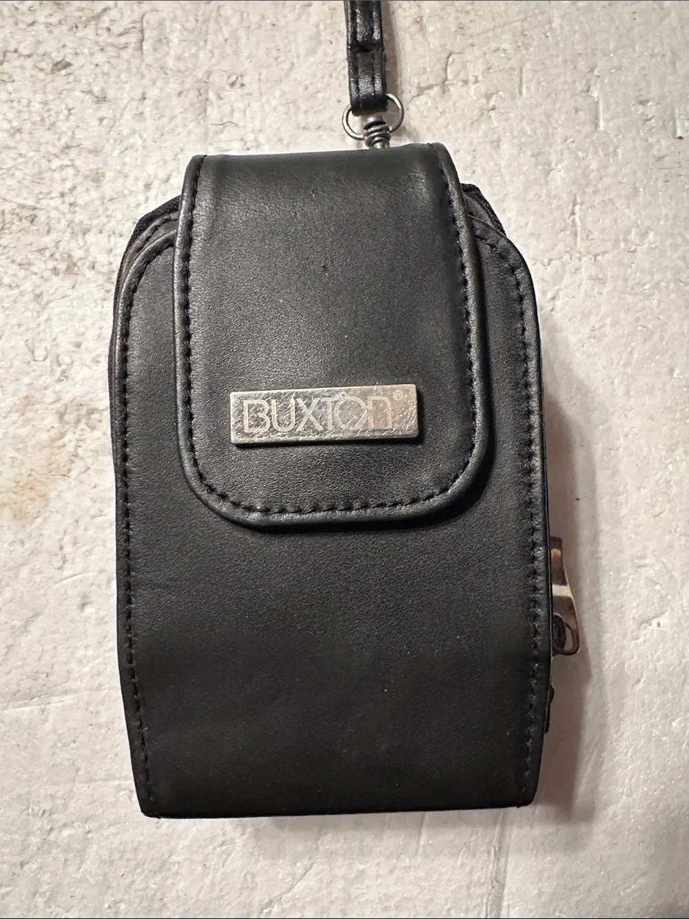 Vintage Buxton black leather wallet with cell pocket and detachable strap